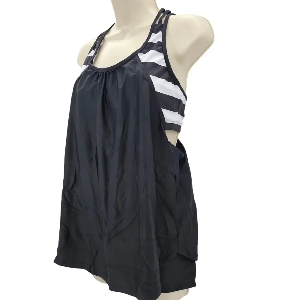 Zando Womans size M 2 Piece Tankini Boyshorts Swimsuit Stripe Black NWOT